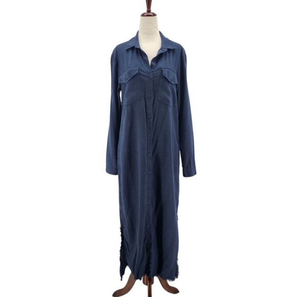 Cloth & Stone Womens Small Dress Frayed Roll Tab Sleeve Midi Shirt Dress Blue - Picture 12 of 12